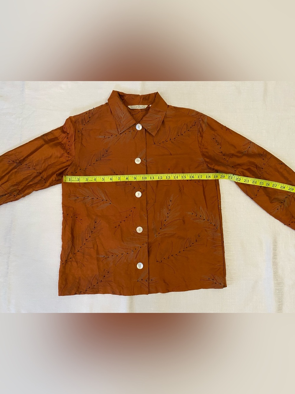 🍁 French Laundry Orange Embroidered 100% Silk Button Collared Blouse Shirt Small